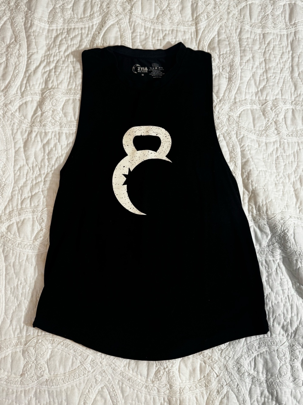 ZYIA Black Muscle Tee with White Kettlebell Crescent Graphic